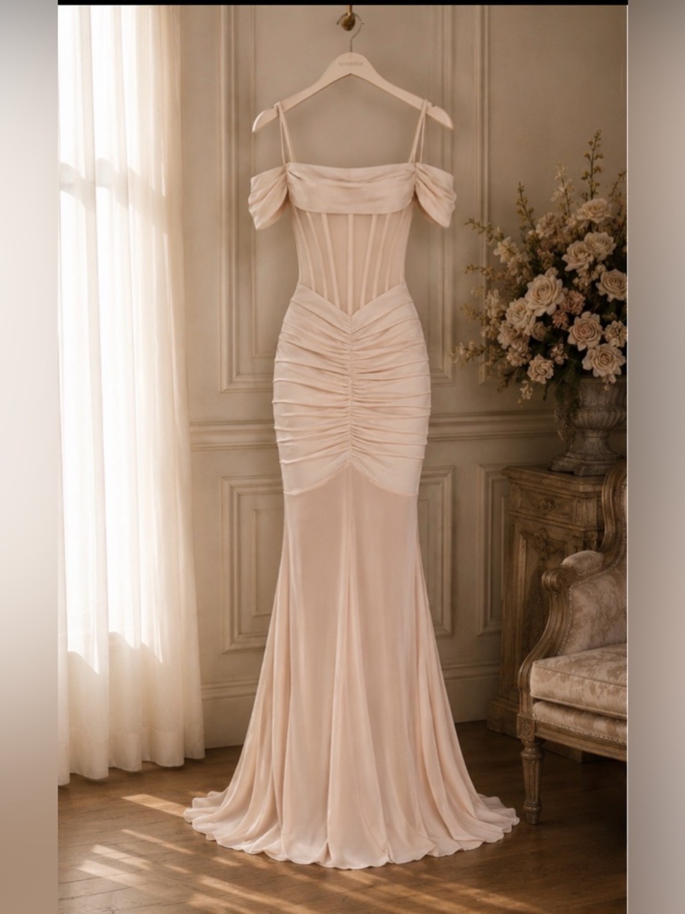 NWT Schiffer Corset Mesh Gown – Champagne Beige Size Medium
